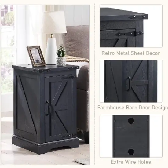 Farmhouse Nightstand with Charging Station & Barn Door & Adjustable Shelf, Rustic Sofa Side Table for Living Room, Bedroom image {2}