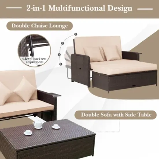 Tangkula Patio Rattan Wicker Daybed with Loveseat & Storage Ottoman Outdoor Lounge Sofa Furniture Set with Adjustable Backrest & Side Trays Beige image {2}