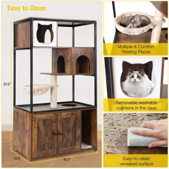 Aivituvin Wooden 3-Story Cat Condo with Litter Box Enclosure| Strong Iron Frame-AIR102 /102-I image {8}