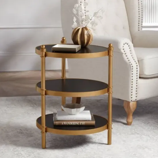 55 Downing Street Modern Luxe Wood Round Accent Side End Table 18 3/4" Wide Black Gold 3-Tier for Spaces Living Room Home House image {1}