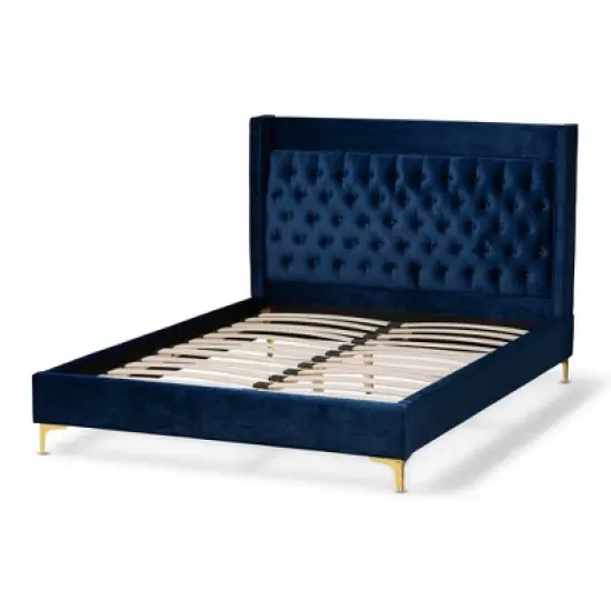 Valery Velvet Platform Bed with Gold - Finished Legs - Baxton Studio image {2}
