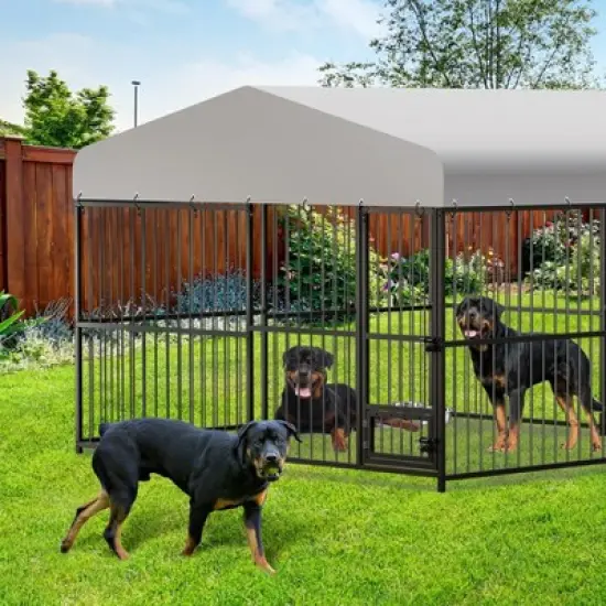 Dog Kennel, 8&iexcl;&Aacute;4&iexcl;&Aacute;6FT Large Heavy Duty Outdoor Metal Dog Cage - Weatherproof, Lock, Feeding Bowl & Waterproof Roof (All Breeds) image {8}
