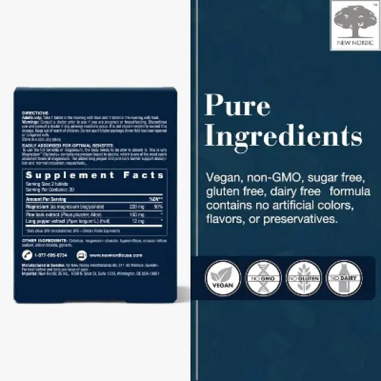 NEW NORDIC Magnesium Glycinate -220 mg Maximum Absorption Tablets with Pine Bark and Long Pepper - Gentle on Stomach for Women and Men image {5}