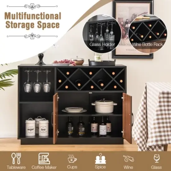 Costway Industrial Wine Bar Cabinet Sideboard Buffet with Glass Holder &  Adjustable Shelf image {6}