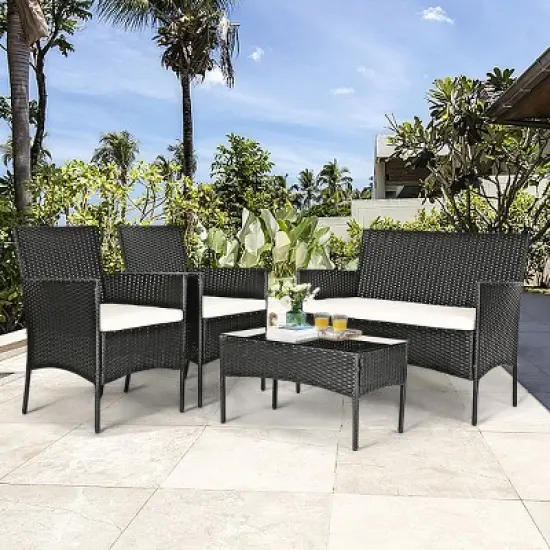 Tangkula Rattan Patio Conversation Set Cushioned Sofa with Coffee Table image {7}