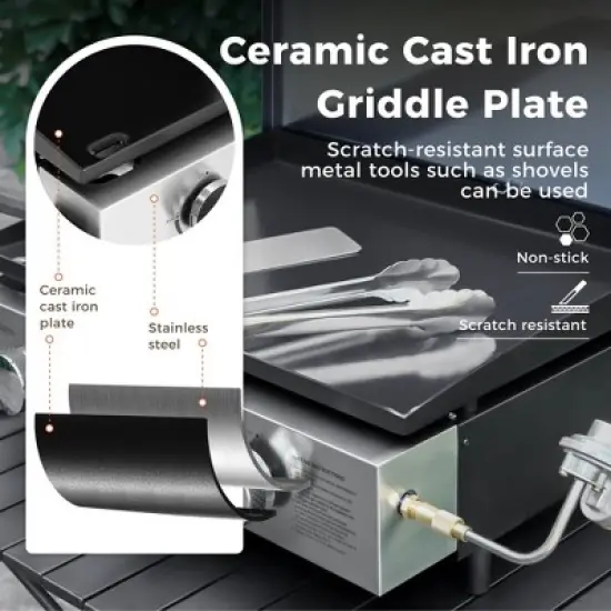 Captiva Designs 27" Flat Top Grill - 3-Burner Propane Griddle with Ceramic Coated Cast Iron, 33,000 BTU for Outdoor Cooking and Barbecues image {2}