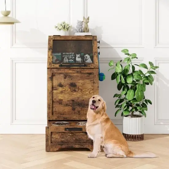 Flip Top Dog Food Storage Container, Pet Storage Cabinet with 2 Pull-Out Elevated Dog Bowls and 3 Hooks, Pet Toy Storage Organizer image {8}