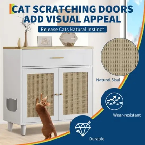 Cat Litter Box Cabinet Corner Hidden Litter Box Enclosure with Scratching Board Doors image {1}