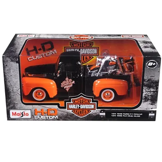 1948 Ford F-1 Pickup Truck with 1958 Harley Davidson FLH Duo Glide Motorcycle Orange and Black 1/24 Diecast Models by Maisto image {2}