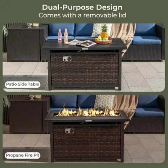 Costway 45" Propane Rattan Firepit Table with Glass Stones & Protective Cover Metal Frame image {5}