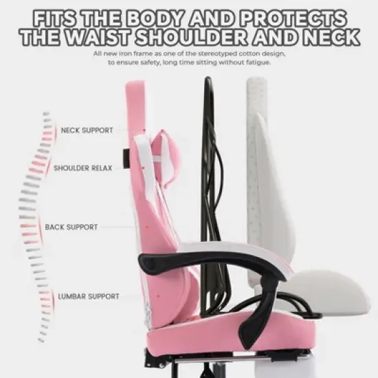 APRILSOUL High Back Gaming Chairs PVC Leather, Ergonomic Gamer Chair with Footrest, Adjustable Headrest, Lumbar Support, Pink image {4}