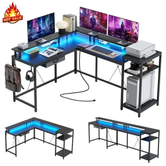 Whizmax L Shaped Gaming Desk,68" Computer Desk with Power Outlets&LED Lights,Home Office Desk with File Drawer,Corner Desk with Monitor Shelf and Hook image {8}