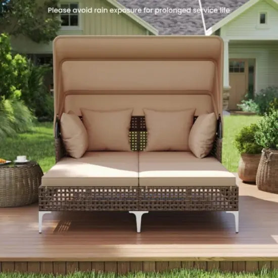 Tangkula Outdoor Daybed w/ Retractable Canopy PE Wicker Rattan Patio Double Chaise Lounger image {2}