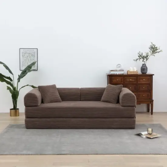 Convertible Sofa Couch with Cylindrical Pillows, Corduroy Folding Floor Sofa with Fixed-Shape Frame for Living Room-Maison Boucle image {8}