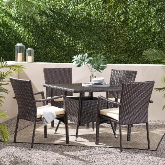 Christopher Knight Home Campbell Outdoor Wicker 5 Piece Dining Set with Cushion image {11}