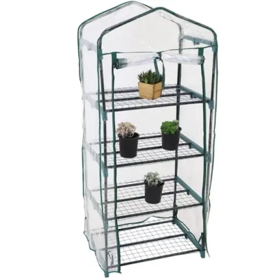 Sunnydaze Outdoor Portable Growing Rack 4-Tier Greenhouse with Roll-Up Door - 4 Shelves - Clear image {9}