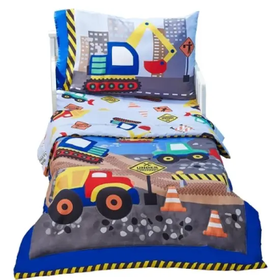 Everyday Kids 4 Piece Toddler Bedding Set - Under Construction - Includes Comforter, Flat Sheet, Fitted Sheet and Reversible Pillowcase image {10}
