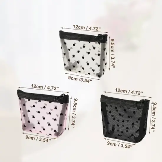 Unique Bargains Heart Shape Print Mesh Makeup Bag Black Beige Pink 6 Pcs image {4}