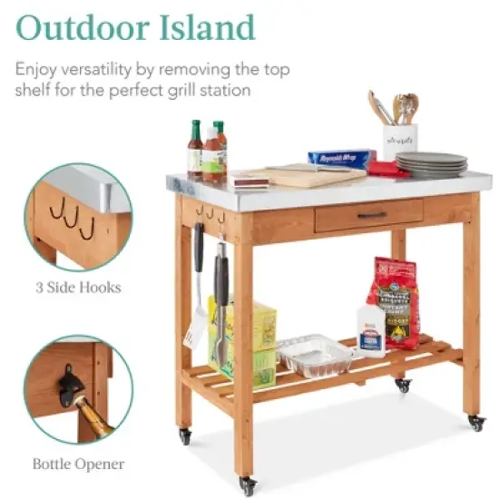Best Choice Products Mobile Outdoor Table and Storage Cabinet w/ Hooks, 4 Wheels, Stainless Steel Top - Stained Brown image {1}