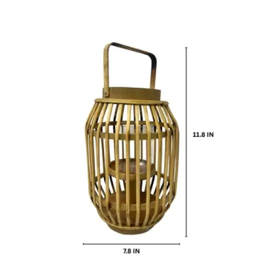 Essential Decor & Beyond 11.8" Natural Bamboo Glass Candle Holder Tabletop Lantern With Metal Handle image {1}