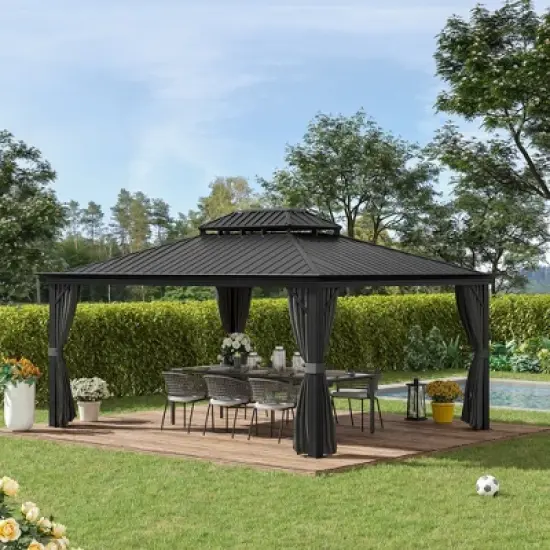 Outsunny Patio Gazebo 15.9' x 12', Netting & Curtains, 2 Tier Double Vented Steel Roof, Hardtop, Ceiling Hooks, Rust Proof Aluminum, Gray image {2}