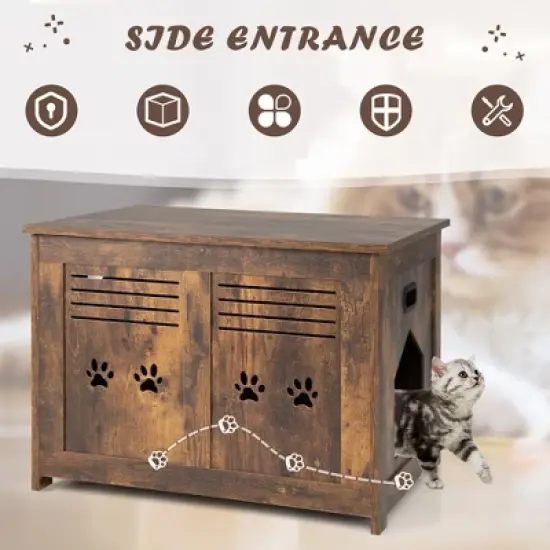Tangkula Wooden Cat Litter Box Enclosure Flip-Top Hidden Washroom Bench w/ Side Entrance image {4}