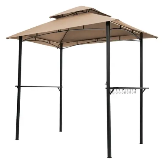 DOMETOUR Outdoor Grill Gazebo 8 x 5 Ft, Shelter Tent, Double Tier Soft Top Canopy and Steel Frame with hook and Bar Counters,Khaki image {2}