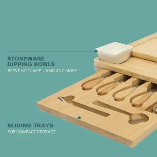 Gibson Home Rustic Inspirations 18-Piece Bamboo Charcuterie Board Set with Hidden Drawer, Ceramic Bowls, Utensils image {4}