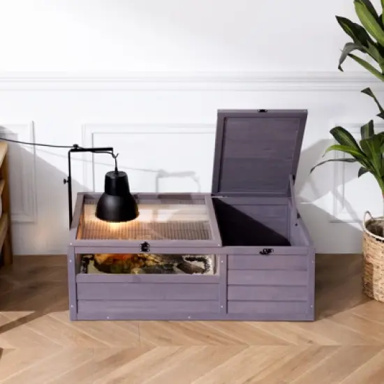 VEVOR Tortoise Habitat,Wooden Tortoise House Indoor & Outdoor, Tortoise Enclosure with Adjustable Lamp Holder,2-Room Small Animal Cage 38x24x13 inch image {1}