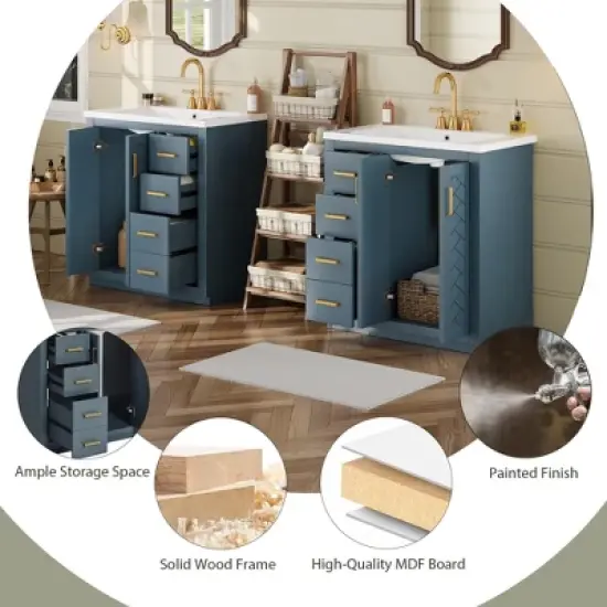 Mshliw 60 Inch Double Bathroom Vanity with Ceramic Sink Combo, Modern Freestanding Cabinet with 6 Drawers and 4 Soft Close Doors, Solid Wood Frame image {9}