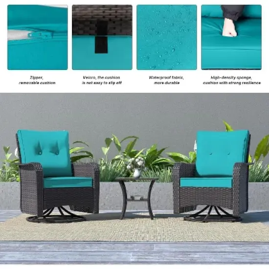 ALAULM Patio Furniture Set Outdoor Swivel Gliders Rocker, Wicker Patio Bistro Set, Rocking Chair with Tempered Glass Table and Thickened Cushions image {6}