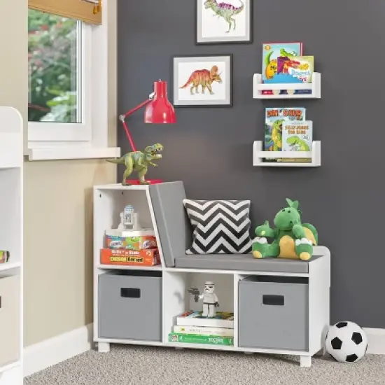 Kids&rsquo; Book Nook Bench with Cubbies and 2 Bonus 10'' Floating Wall Bookshelves White - RiverRidge image {1}
