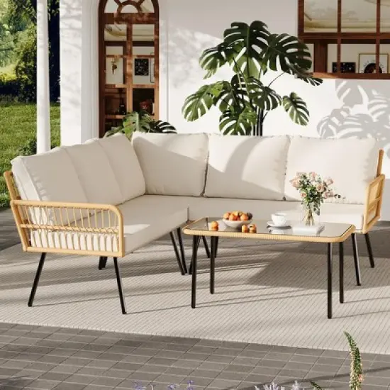4 Pieces Patio Furniture Sets Wicker Outdoor Sectional L-Shaped with Cushions & Side Table and Chairs Set,Backyard,Porch, Beige image {2}
