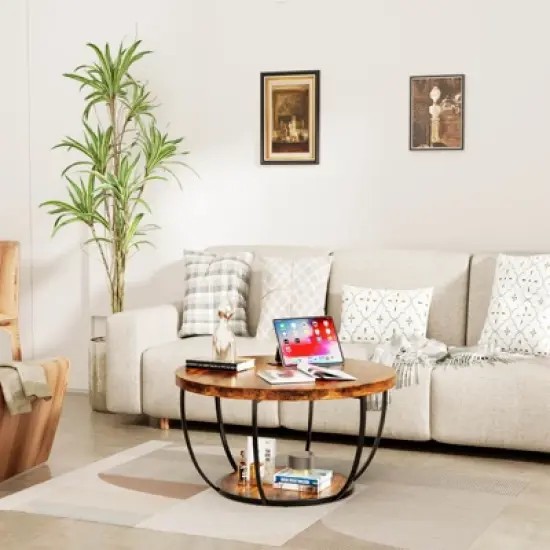 ORRD 31.5" Round 2-Tier Wood Coffee Table: Storage, Modern Accent image {2}