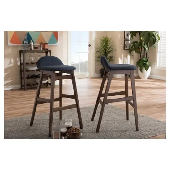 2pc 30" Fabric Upholstered Wood Finishing Barstool Dark Blue - Baxton Studio image {3}