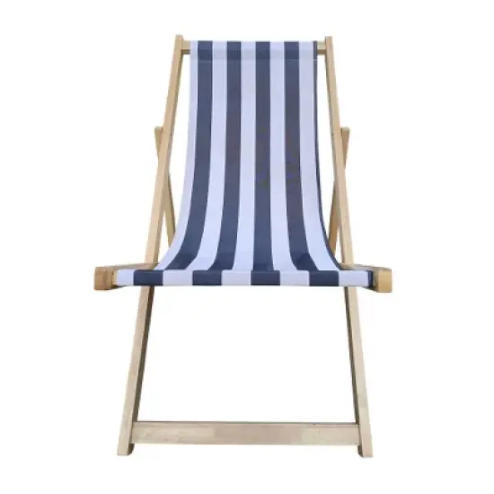 TIRAMISUBEST Dark Blue Striped Folding Chaise Lounge Chair with Poplar Wood Frame - Outdoor Sling Chair for Patio, Pool & Beach image {1}