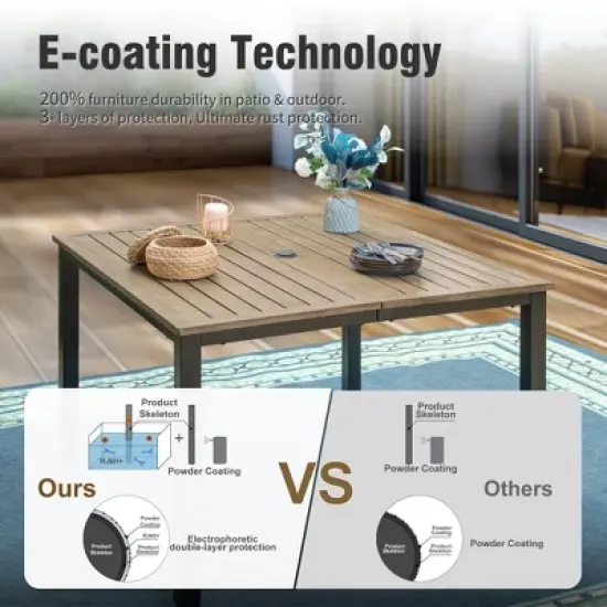 Captiva Designs 5pc Patio Dining Steel Set with Wood-like Square Table & Stackable Chairs with Bull's Eye Pattern image {4}