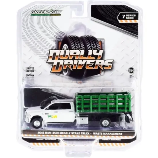 2018 RAM 3500 Dually Stake Truck "Waste Management" White & Green "Dually Drivers" Series 7 1/64 Diecast Model Car by Greenlight image {1}