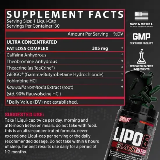 Nutrex Research Lipo 6 Black UC| Thermogenic Energizing Fat Burner Supplement, Increase Weight Loss, Energy & Intense Focus |Capsule, 60Count image {3}