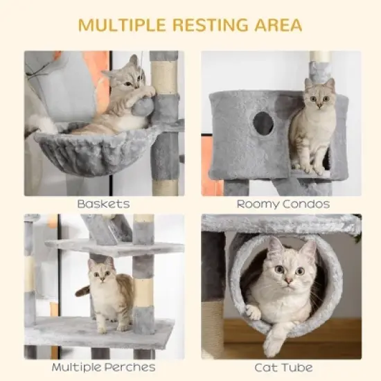 SKYONE Adjustable Height Floor-to-Ceiling Cat Tree with Scratching Posts, Condos, Hammocks & Toy image {3}
