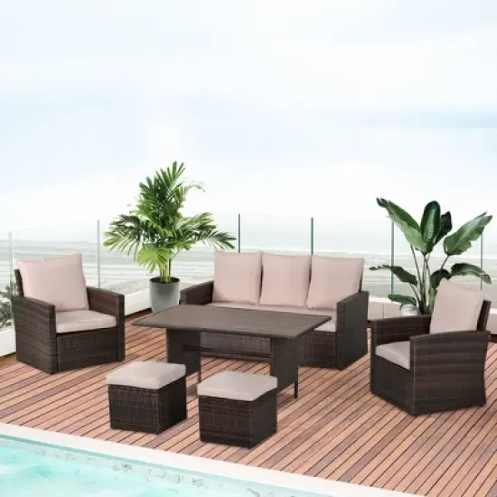 Outsunny 6 PCS Patio Dining Set All Weather Rattan Wicker Furniture Set with Wood Grain Top Table and Soft Cushions image {2}
