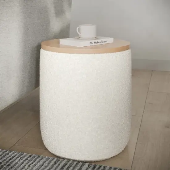 Lavish Home Storage Ottoman with Wood Top, Cream image {3}