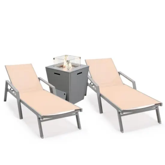 LeisureMod Marlin Patio Lounge Chairs with Arms and Fire Pit Side Table - Grey Trim, Set of 2 image {20}