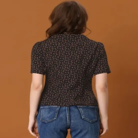 Allegra K Women's Heart-Shaped Polka Dots V Neck Short Sleeve Button Down Vintage Blouse image {3}