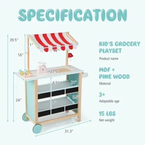 Costway Kids Ice Cream Cart Wooden Toddler Farmers Market Stand W/ Chalkboard & Storage image {2}