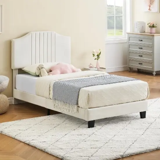 DobleePy Twin Plus Size Beige Kids Bed, Sturdy Velvet Headboard, Oak Wood Slats, Squeak Resistant, No Box Spring Needed, Easy Assembly image {7}