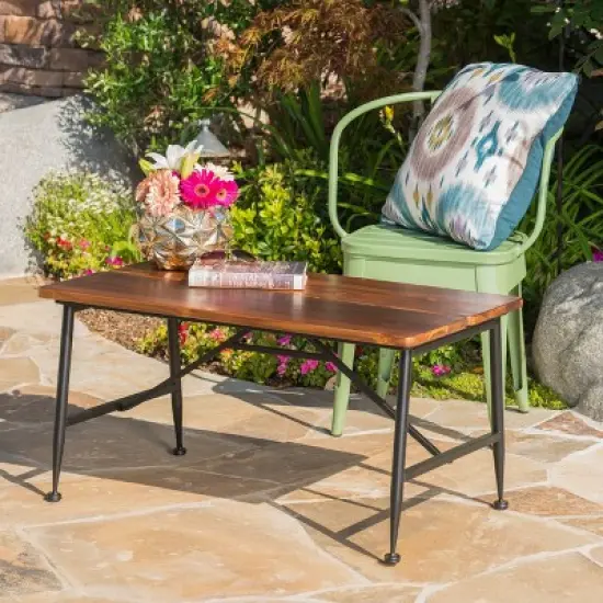 GDFStudio Ellaria Outdoor Industrial Acacia Wood Coffee Table, Antique Teak/Black image {1}