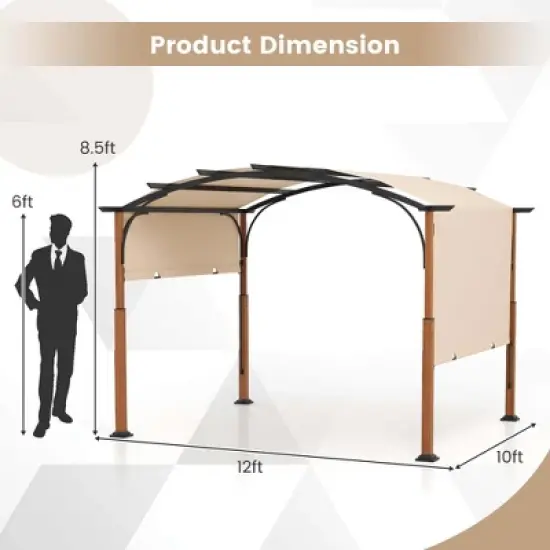 Costway 10 x 12 FT Outdoor Retractable Pergola with Retractable Canopy Wood Looking Posts Beige/Gray image {2}