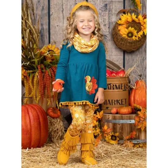 Girls Turkey Season Pom Pom Tunic, Leggings & Scarf Set - Mia Belle Girls image {4}
