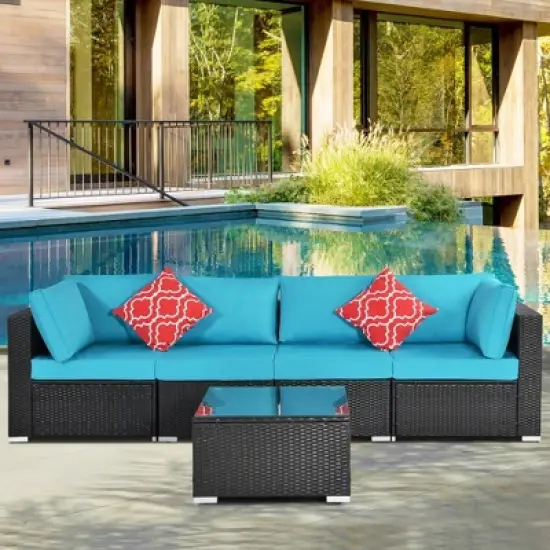 5pc Wicker Patio Sectional Seating Set with Cushions - Espresso/Blue - GODEER image {1}